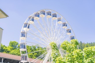 A white Ferris wheel turns in front of a building surrounded by green vegetation on a clear summer