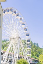 A Ferris wheel with numerous cabins stands close to a building, against a green background and blue