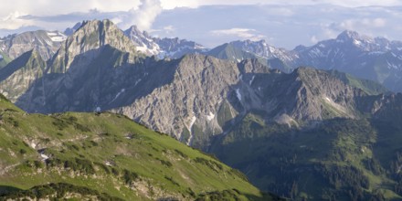 Panorama at sunset from Zeigersattel to Höfats 2259m, Allgäu Alps, Allgäu, Bavaria, Germany