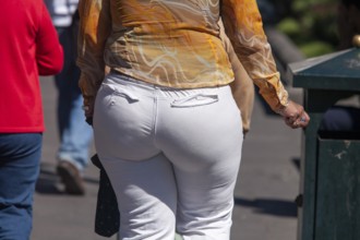 Woman walking in the street, From behind, Obesity, City of Quito. Pichincha province, Ecuador,