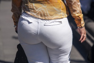 Woman walking in the street, From behind, Obesity, Close-up, City of Quito. Pichincha province,