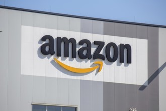 Amazon logo at the logistics centre in Frankenthal, Rhineland-Palatinate