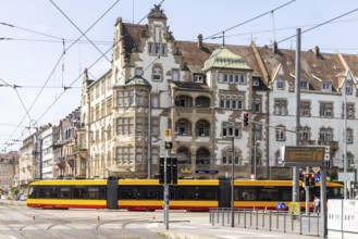 Tram of the Karlsruhe Transport Association KVV on the way in the city centre. Karlsruhe,