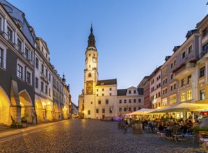 Night-time view of Untermarkt - Lower Market Square and the Old Town Hall Clock Tower, Görlitz,