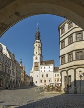 View of Untermarkt - Lower Market Square and the Old Town Hall Clock Tower, Görlitz, Goerlitz,