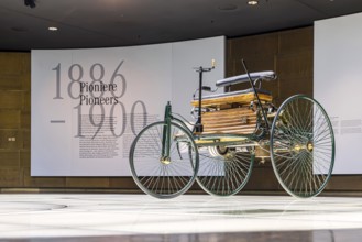 Benz Patent Motor Car from 1886 - the world's first petrol car. The Mercedes-Benz Museum in