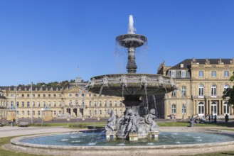 Schlossplatz Stuttgart with New Palace and fountain with fountain bowl. Place of interest in