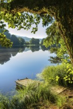 A jetty at Blaibacher See. Blaibach, district of Cham, Upper Palatinate, Bavarian Forest, Bavaria,