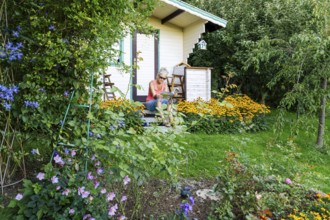 A woman sits relaxed on the small veranda of a garden shed and reads. Blooming summer flowers in