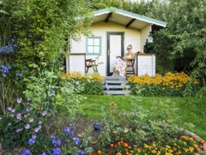A woman in a dress sits relaxed on the small veranda of a garden shed and reads. Blooming summer