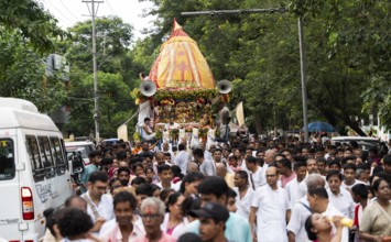 Hindu devotees takes part in Rath Yatra religious procession Guwahati, India on June 27, 2025. Rath