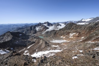 View of mountain basin with blue glacier lakes, behind summit Becher with Becherhaus, glacier