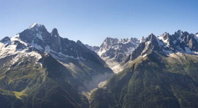 Mountain peak Grandes Jorasses and glacier Mer de Glace of the Mont Blanc massif,