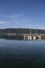 The harbour of Ludwigshafen, opposite the Lake Constance community of Bodman and the Bodanrück,