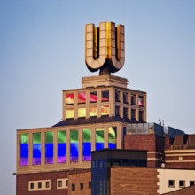 Dortmunder U, Flying pictures by Adolf Winkelmann at sunrise, Dortmund, Germany