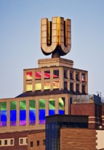 Dortmunder U, Flying pictures by Adolf Winkelmann at sunrise, Dortmund, Germany