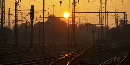 Railway tracks at sunrise, Central Station, Dortmund, Ruhr Area, Germany