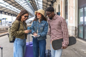 Happy tourists checking their train tickets and passports at the station, ready for their next