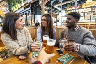 Group of cheerful multi ethnic friends toasting with beer and water at brewery pub restaurant,