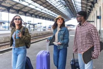 Three young tourists are walking along a train platform, carrying luggage and a skateboard, ready