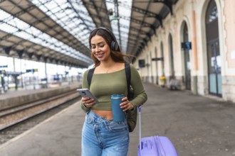 Young woman tourist walking in train station using smartphone and headphones while carrying