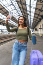 Tourist taking selfie with smartphone while walking in train station with luggage and reusable