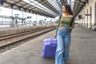 Tourist wearing headphones, holding reusable coffee cup and pulling suitcase while walking in train