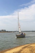 Sailing boat yacht at mouth of River Deben estuary, Bawdsey Quay, Suffolk, England, UK