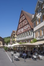Outdoor café, street café with the Kielmeyerhaus, historic half-timbered house in Esslingen's old