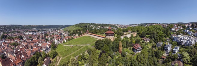 Aerial view, panorama of the city of Esslingen am Neckar with Esslingen Castle, Dicker Turm,