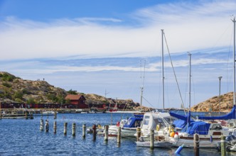 Boats moored at the jetty in the marina in the northern harbour (Norra Hamnen) of Lysekil,
