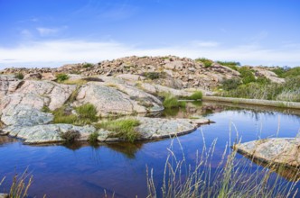 Rocky landscape of Bohusgranite on the coast of Lysekil, Bohuslän, Västra Götalands län, Sweden,