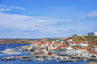 View of the picturesque house front and the northern harbour (Norra Hamnen) of Lysekil, Bohuslän,