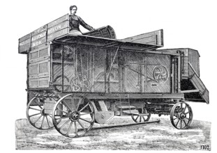 Agriculture, threshing machine with protective device by Eckert, around 1860, digitally improved