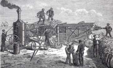 Agriculture, harvest, threshing machine in operation, driven by a locomobile, Aultmann system from