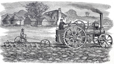 Agriculture, tillage, gang steam plough apparatus by John Fowler, around 1860, digitally improved