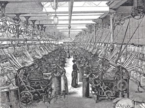 Textile processing, spinning mill, view into a wool combing mill, around 1860, digitally enhanced