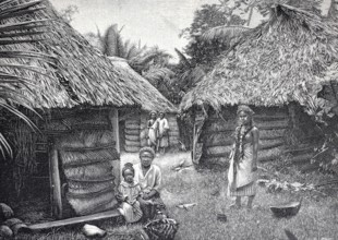 Village view on Samoa, around 1880, digitally improved reproduction of a 19th century model,
