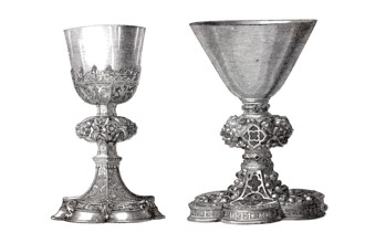 Religious cult objects, Two richly decorated chalices with enamels and filigree ornaments, probably