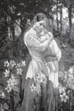Mother with her baby on a spring evening in the garden, protect, Historical, digitally enhanced