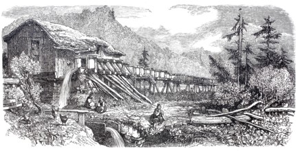 Sawmill in the Höllental in the Black Forest, around 1860, Germany, Historical, digitally enhanced