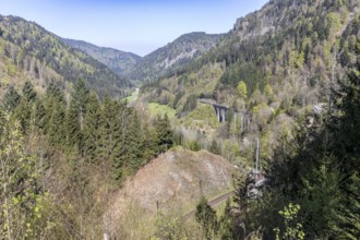 View of the famous, narrow, so-called Höllenbach valley with the B31 main road and railway line,