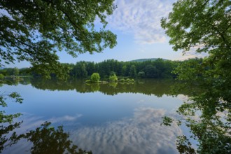 A calm, reflecting river surrounded by trees and small islands in the morning light, summer,