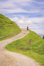 Motorcyclist on a winding gravel road in a hilly landscape, Alpe di Siusi, Dolomites, South Tyrol,
