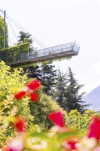 A modern viewing platform towers over colourful flowers and overlooks the mountains, Botanical