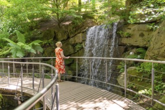 A woman stands on a bridge and looks at a waterfall in the forest, Botanical Garden, The Gardens of