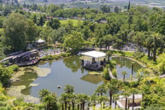 A pond with a pavilion in the middle of a green park, surrounded by landscape, Botanical Garden,