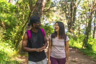 Two hikers with backpacks are enjoying a conversation while walking on a trail through a lush green