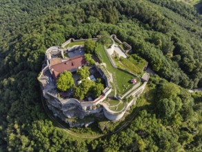 Luftbild von der hochmittelalterlichen Burgruine, Höhenburg Hohenneuffen am Albtrauf, Neuffen,