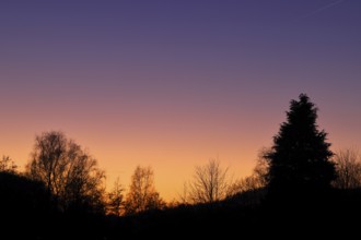 Sunset with beautiful red sky and forest silhouette, silhouette photograph, Wilnsdorf, North